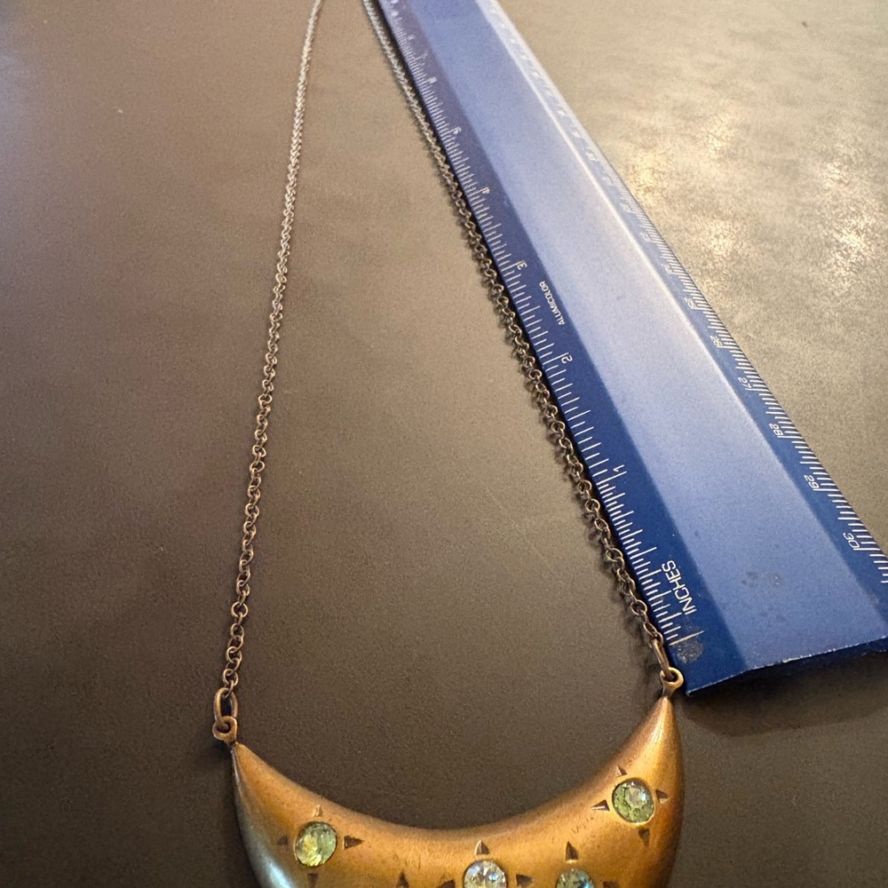Sabika Antiqued-Style Goldish/Bronze Crescent Necklace with Green Gems - Picture 5 of 8